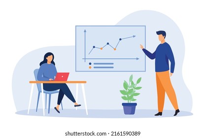 Análisis y concepto de gestión. Entrenador de negocios que muestra el gráfico de crecimiento a la empresaria.  Ilustración vectorial.
