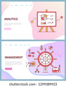 Analytics and management vector, business online web pages. Presentation with graphics and diagrams, steering wheel and target with arrows, briefcase. Website template landing page in flat