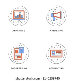 Analytics, marketing, bookkeeping, accounting. Set of 4 flat line icons. Flat line illustration concept for web banner and printed materials. Vector illustration