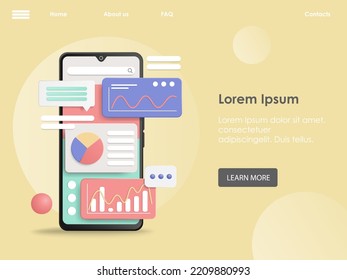 Analytics in mobile app vector landing page