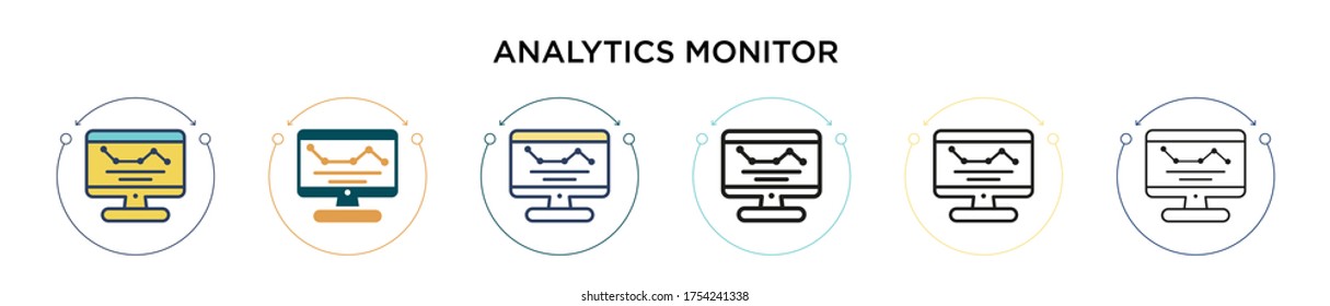 Analytics monitor icon in filled, thin line, outline and stroke style. Vector illustration of two colored and black analytics monitor vector icons designs can be used for mobile, ui, web