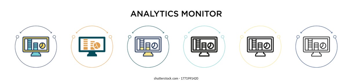 Analytics monitor icon in filled, thin line, outline and stroke style. Vector illustration of two colored and black analytics monitor vector icons designs can be used for mobile, ui, web