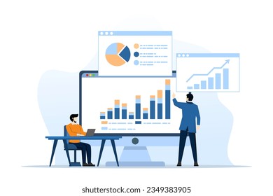 analytics and monitoring concept, business team on web reporting dashboard monitoring, and data analytics research for business financial planning. flat vector illustration design on white background.