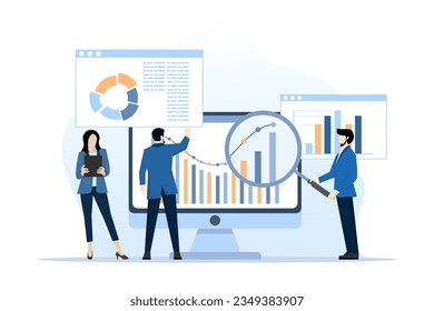 Analyse- und Überwachungskonzept, Business-Team für die Überwachung von Web-Reporting-Dashboard und Datenanalyse für die Finanzplanung von Unternehmen. flaches Vektorgrafik-Design auf weißem Hintergrund.