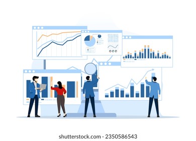 analytics and monitoring concept, business team on web reporting dashboard monitoring, and data analysis research for business financial planning. flat vector illustration design on white background.