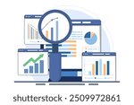 analytics and monitoring concept, web reporting dashboard and data analytics research for business financial planning. Flat vector illustration design on background.