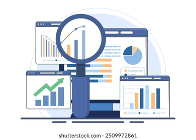 Concepto de análisis y monitoreo, panel de informes de Web e investigación de análisis de datos para la planificación financiera empresarial. Diseño de Ilustración vectorial plana sobre fondo.