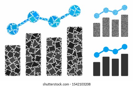 Analytics mosaic of bumpy pieces in different sizes and color tones, based on analytics icon. Vector bumpy pieces are organized into composition. Analytics icons collage with dotted pattern.