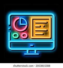 Analytics On Computer Screen neon light sign vector. Glowing bright icon Statistician Report On Computer Display With Infographic sign. transparent symbol illustration