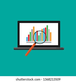 Analytics on laptop screen with magnifying glass. vector flat style graphics
