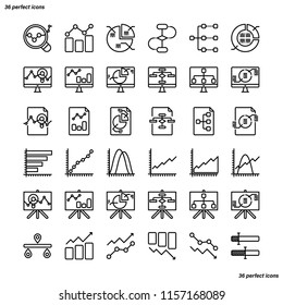 Analytics Outline Icons perfect pixel. Use for website, template,package, platform. Concept business object design.