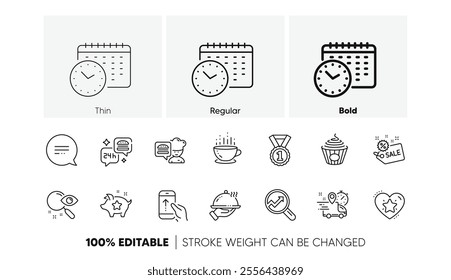 Analytics, Pasta and Best rank line icons. Pack of Food delivery, Text message, Loyalty points icon. Sale, Restaurant food, Ranking star pictogram. Swipe up, Calendar time, Chef. Line icons. Vector