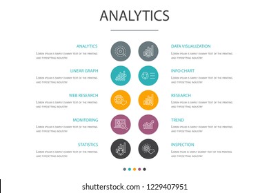 analytics presentation template, cover layout and infographics. linear graph, web research, trend, monitoring cons