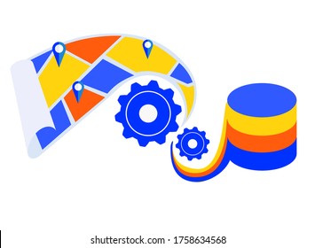 Analytics, Processing, AI, ML And Data Science In GIS. Spatial Data, Geospatial Data, Geographic Coordinate System. Vector Concept Illustration.
 