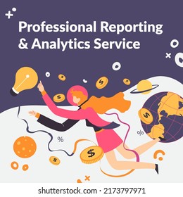 Analytics and professional reporting service for your business. Economy and financial statistics, strategy implementation and planning. Advertisement promotional banner, vector in flat style