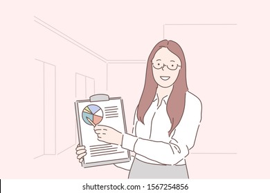 Analytics, progress indicator, conference planning concept. Young happy woman businesswoman analyst presentation of performance for period. Successful girl shows chart of indicators data. Flat vector.