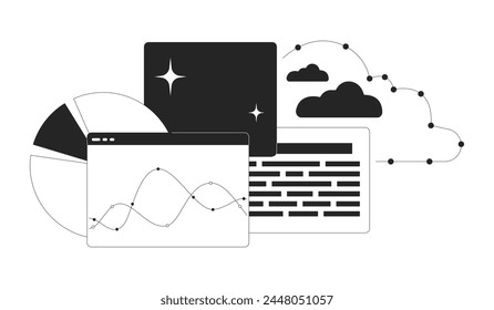 Analítica gestión de proyectos blanco y negro 2D línea de dibujos animados objeto. Elemento de esquema de Vector aislado de almacenamiento en la nube de análisis de datos. Archivos digitales, gráficos gráficos gráficos monocromática ilustración de punto plano