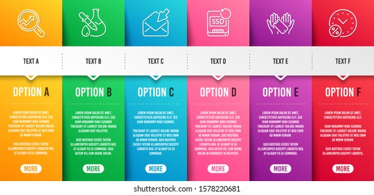 Analytics, Recovery ssd and Smartphone holding line icons set. Infographic timeline. Open mail, Chemistry experiment and Loan percent signs. Audit analysis, Backup info, Phone. View e-mail. Vector