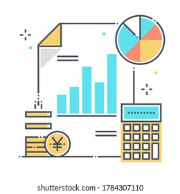 Analytics-bezogene Farbe Linie Vektorsymbol, Illustration. Das Icon dreht sich um Taschenrechner, Kuchendiagramm, Statistiken, Stift, Statistiken, Bericht. Die Komposition ist unendlich skalierbar.
