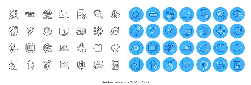 Analytics, Report document and 5g internet line icons pack. Cpu processor, Attention, Coronavirus web icon. Lightning bolt, Squad, Power pictogram. Energy growing, Timer app, Covid virus. Vector