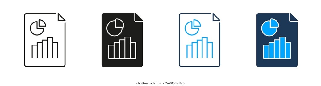 Linha do Gráfico de Estatísticas do Documento de Relatório Analítico e Conjunto de Ícones Sólidos. Coleção de Símbolos do Gráfico de Crescimento de Arquivos de Dados Corporativos. Ilustração de vetor isolada.