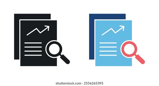 Analytics report icon set in black and colored versions.
