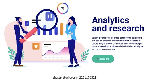 Analytics and research - Business people looking at chart, graphs and diagram with magnifying glass, analysing and contemplating. Flat design vector illustration with copy space for text