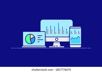 Analytics research, graph, chart, monitoring icons illustration in flat line style. Design concept of vector illustration isolated on color background for website and mobile