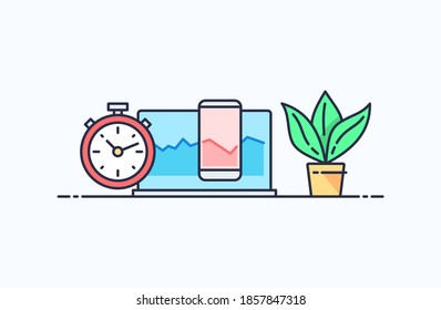 Analítica investigación, gráfico, inversión, gráfico, monitorización de iconos ilustración en línea plana. Concepto de diseño de la ilustración vectorial aislada en el fondo de la luz para el sitio web y el móvil