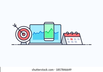 Analytics research, graph, target, kpi, chart, monitoring icons illustration in flat line style. Design concept of vector illustration isolated on light background for website and mobile