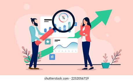 Analytics and research - Woman and man with magnifying glass looking at charts and graphs on computer screen. Flat design vector illustration with blue background