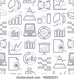 Analytics seamless pattern with thin line icons: diagram, chart, statistics, pyramid, business analysis. Modern vector illustration. 