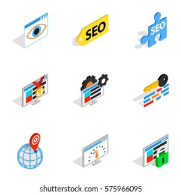 Analytics search information icons set. Isometric 3d illustration of 9 analytics search information vector icons for web