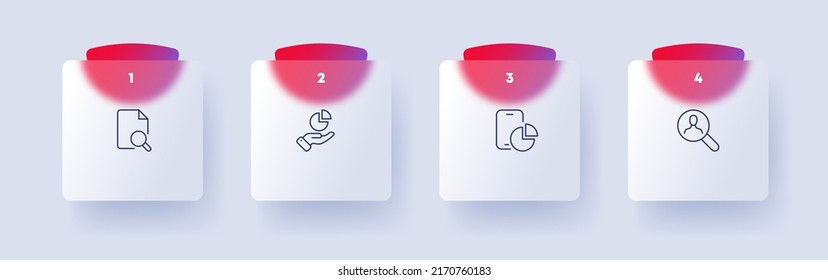 Analytics set icon. File, file analysis, search, magnifier, pie chart, career, databases, columns, society. Infographic concept. Glassmorphism style. Vector line icon for Business and Advertising
