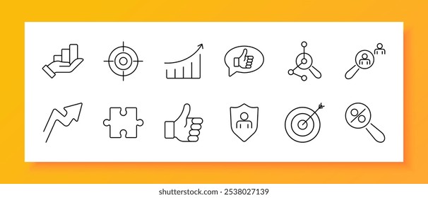 Icono de conjunto de Analytics. Mano con gráfico de barras, objetivo, gráfico de crecimiento, pulgares hacia arriba, red, búsqueda, flecha, rompecabezas, seguridad, diana, porcentaje. Herramientas para el análisis de datos, el seguimiento y la evaluación del desempeño