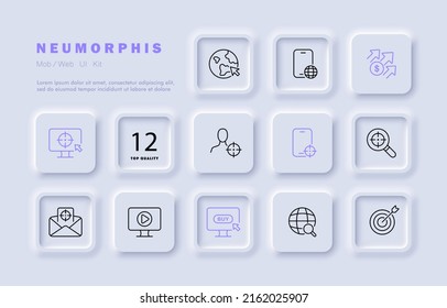Icono de conjunto analítico. Ingresos, clic, flechas, tienda online, publicidad dirigida, lupa, spam, correo postal.Ingresos, clic, flechas, tienda online, destino, spam, correo postal. Estilo neomorfista