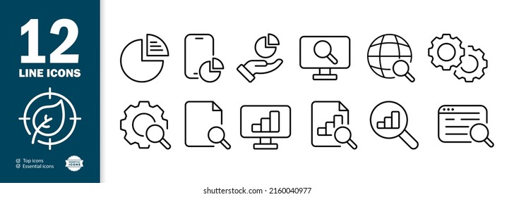 Icono de conjunto analítico. Ampliador, búsqueda, sitio, seguimiento, monitoreo, configuración, mundo, equipo, gráfico, Negocios. Concepto infográfico. Icono de línea de vector para negocios y publicidad