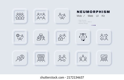 Analytics Set Icon. Remote Work, Delegation, Gear, Company, Arrow, Team Building, Computer, Business. Infographic Concept. Neomorphism Style. Vector Line Icon For Business And Advertising