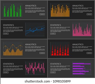 Analytics set of web pages with graphics of different shape and colors, text sample and buttons vector illustration, isolated on black background