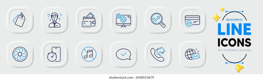 Analytics, Share call and Money line icons for web app. Pack of Support consultant, Change card, Sale tags pictogram icons. Fan engine, Approved message, No music signs. Settings. Vector