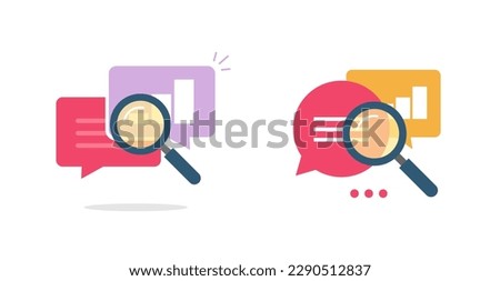 Analytics social marketing statistics review via magnifying glass icon vector flat cartoon graphic illustration, stats audit research analyse investigation clipart image, stocks graph forecast explore
