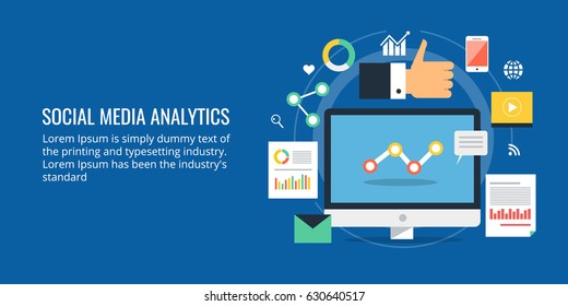 Analytics For Social Media Marketing, Social Media Management And Optimization Flat Vector Concept With Icons Isolated On Blue Background