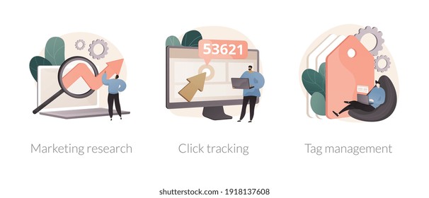 Analytics software abstract concept vector illustration set. Marketing research, click tracking, tag management, focus group, target audience, data collection, digital survey abstract metaphor.