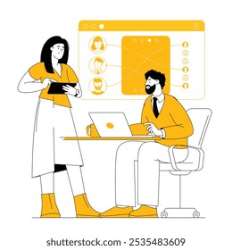 O conceito de software analítico é identificação e rastreamento de clientes, gerenciamento de etiquetas e coleta de dados. Ilustração de vetor plano.