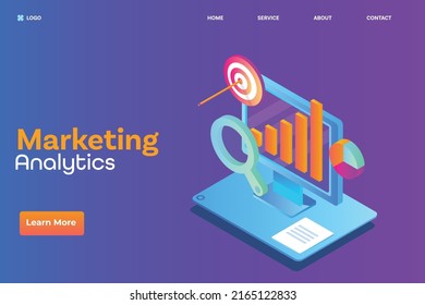 Analytics software providing data, measuring marketing success with analytics application, data analysis tools for website - vector landing page illustration with icons
