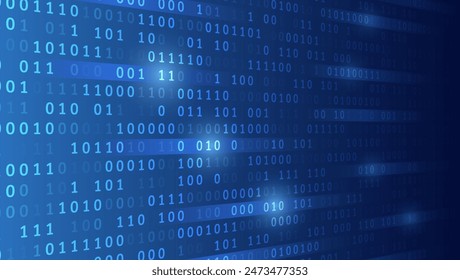 Analytics, sorting, structuring, information transfer. Blue background with data flow. Binary code, artificial intelligence. Program code. Computer background of numbers.