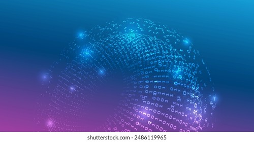 Analytics, sorting, structuring, transferring information. Blue background with data flow. Binary code, artificial intelligence. Program code. Computer background of numbers. Disk consisting of data.