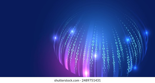 Análisis, clasificación, estructuración, transferencia de información. Fondo azul con flujo de datos. Código binario, inteligencia artificial. Código de programa. Fondo de computadora de números. Esfera formada por datos