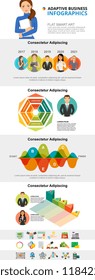 Analytics and startup concept infographic charts set. Business area and process charts for presentation slide templates. Can be used for financial report, workflow layout and brochure design.