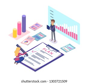 Analytics and statistics of business plan vector. Tasks and fulfillment, info charts and infographics, teamwork and schemes showing results of project